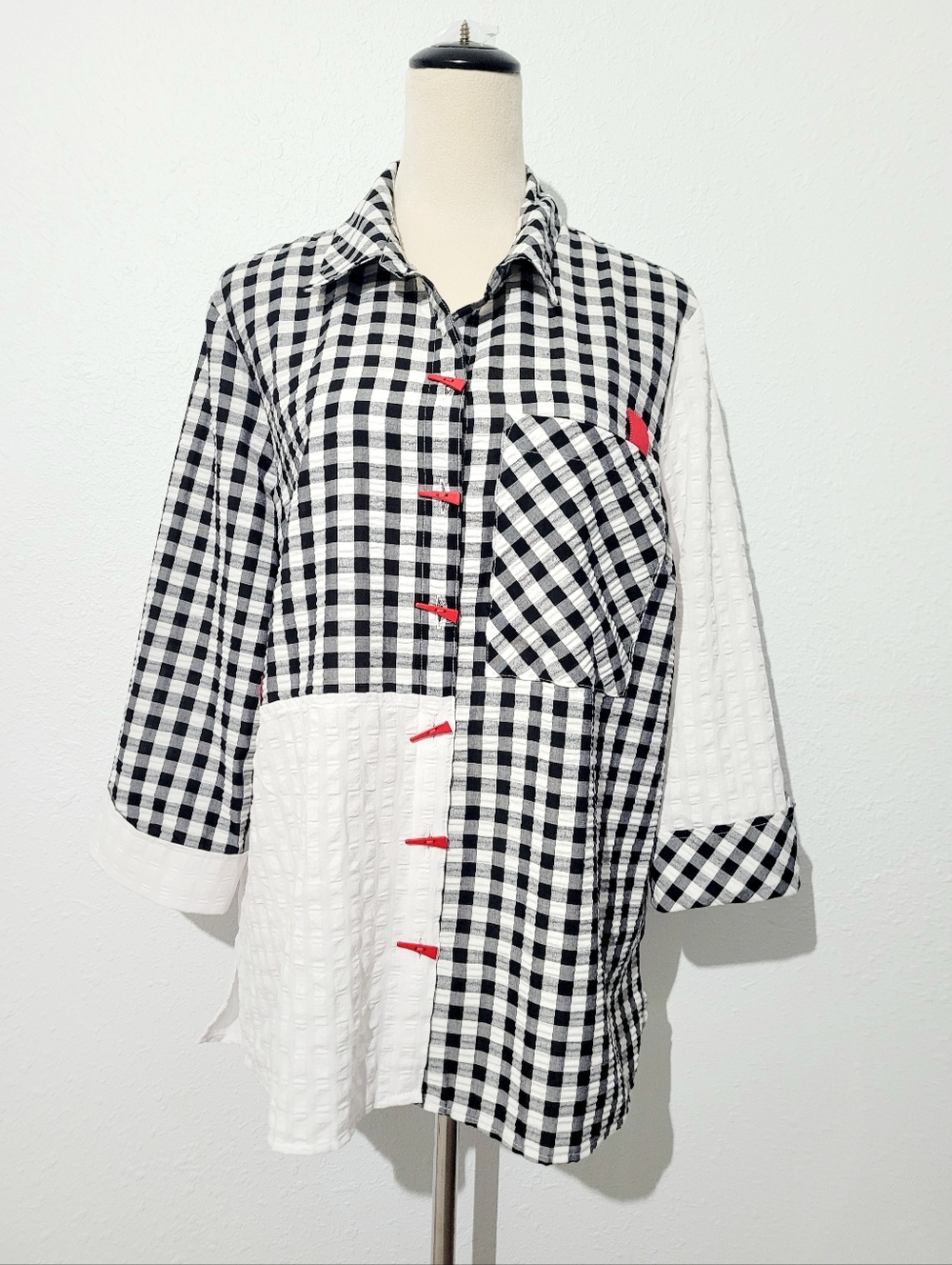 Ali Miles Large Black White Gingham Patchwork Tunic Shirt Artsy Button Top Fun - Picture 2 of 15